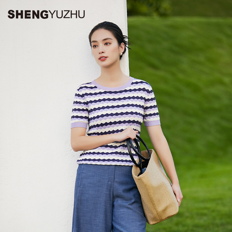 声雨竹官方旗舰店2026夏季圆领短袖针织衫女薄款条纹淑女套头线衫