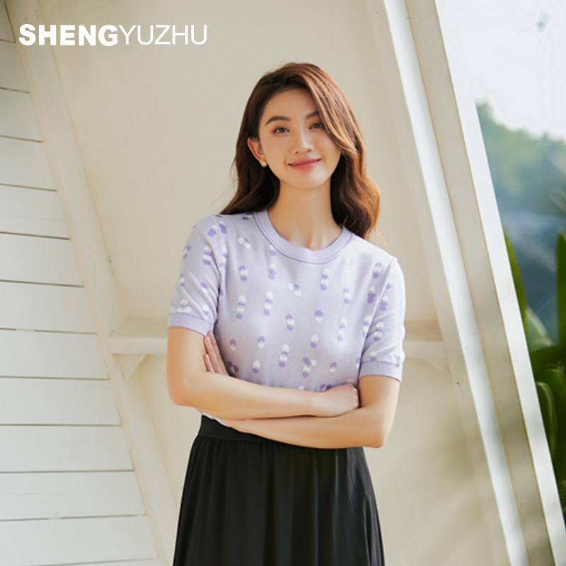 声雨竹官方旗舰店2026夏季圆领短袖针织衫女印花薄款淑女套头线衫
