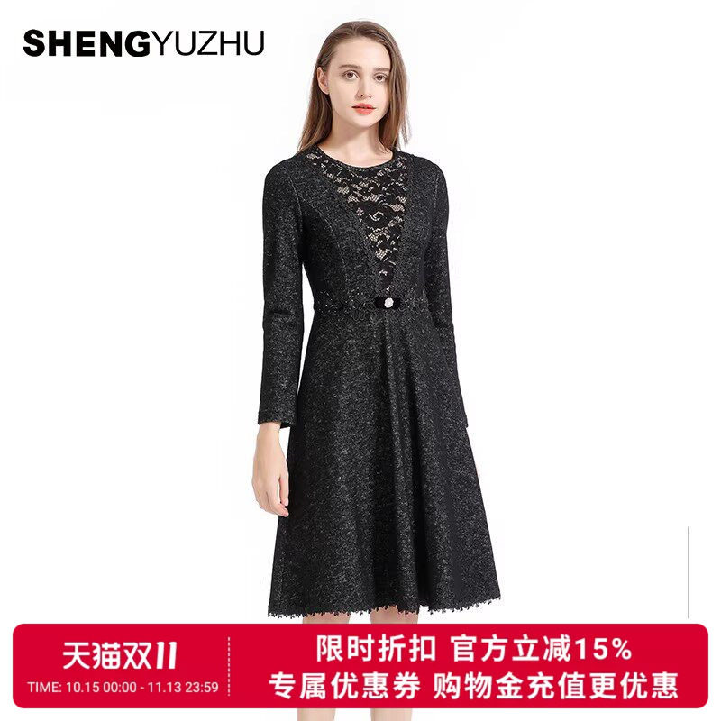 声雨竹专柜同款春夏季新款连衣裙长袖加厚保暖黑色显瘦套头a字裙