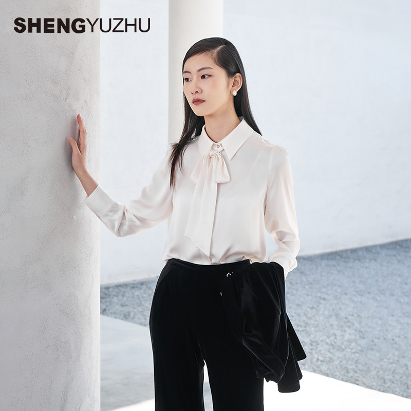 声雨竹通勤衬衫女夏薄款长袖职业装POLO领合体显瘦上衣商务衬衣