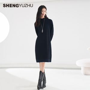 声雨竹官方旗舰店春夏新款连衣裙女长袖中长裙半高领针织裙高级感