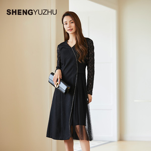 声雨竹官方旗舰店冬季新款连衣裙女加厚保暖商场同款裙子气质休闲