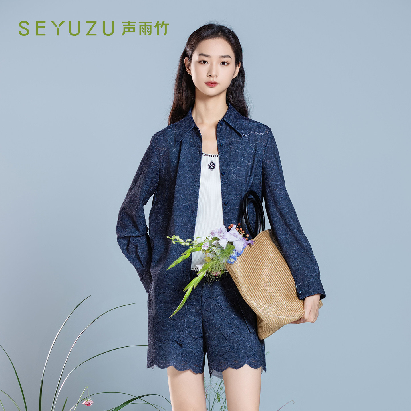 声雨竹官方旗舰店2026夏季POLO领长袖衬衫中长款宽松通勤薄款上衣