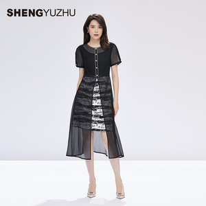 声雨竹官方旗舰店新款女士短袖网纱黑色连衣裙商场同款高级感