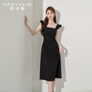 韩语琳黑色吊带连衣裙女春季2026新款高级感气质显瘦法式长款裙子