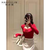 上衣高级感别致小众打底衫 韩语琳 气质名媛红色假两件蕾丝领长袖