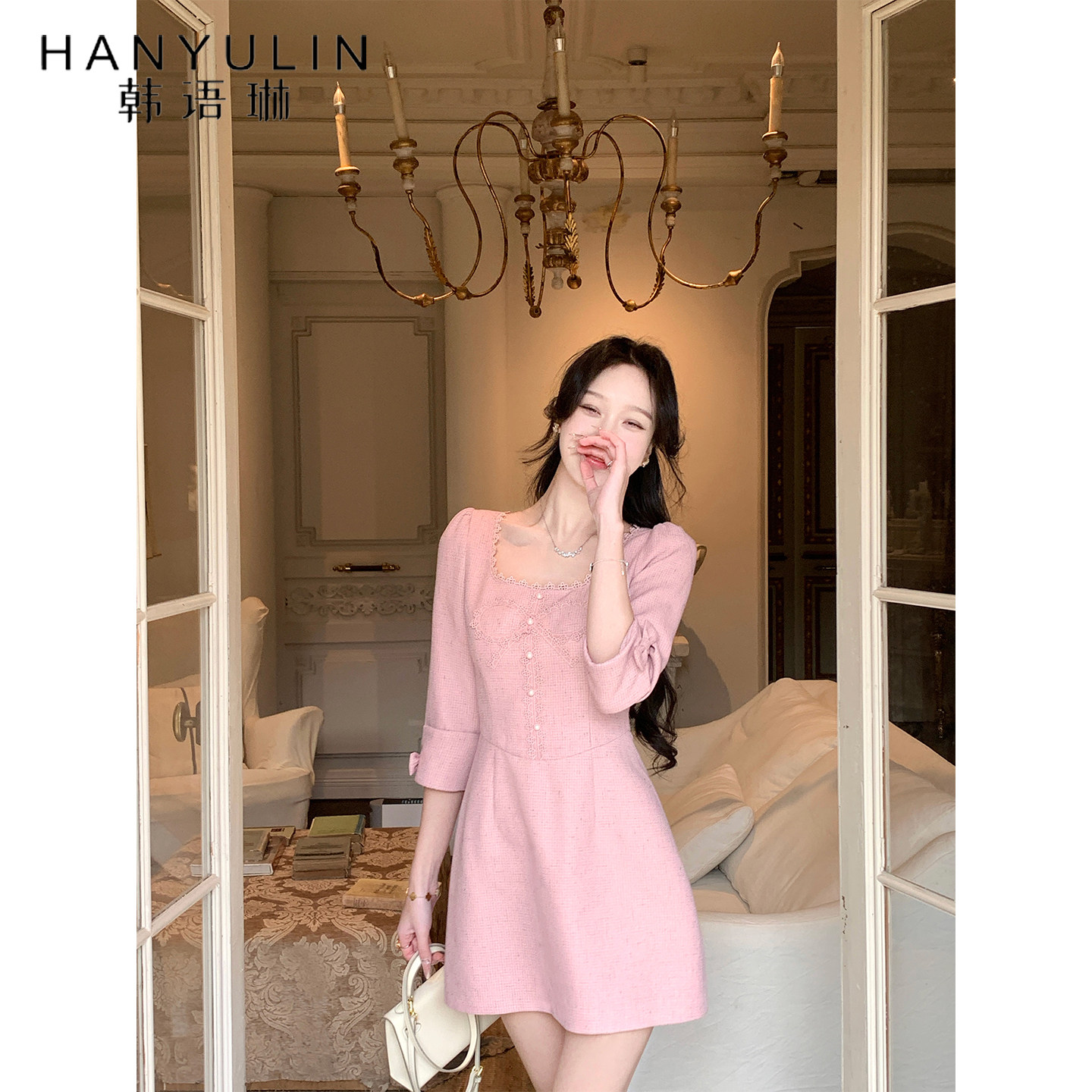 韩语琳 法式小香风粉色连衣裙女2026方领蕾丝收腰显瘦中袖A字短裙,女装/女士精品,连衣裙,淘宝优惠券,粉丝福利购,淘宝优惠卷