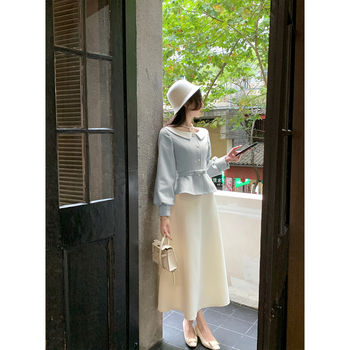 韩语琳/浅蓝色毛呢外套女夏季富家千金灯茏袖收腰上衣夏装套装裙