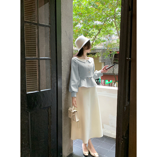 韩语琳/浅蓝色毛呢外套女冬季富家千金灯茏袖收腰上衣冬装套装裙