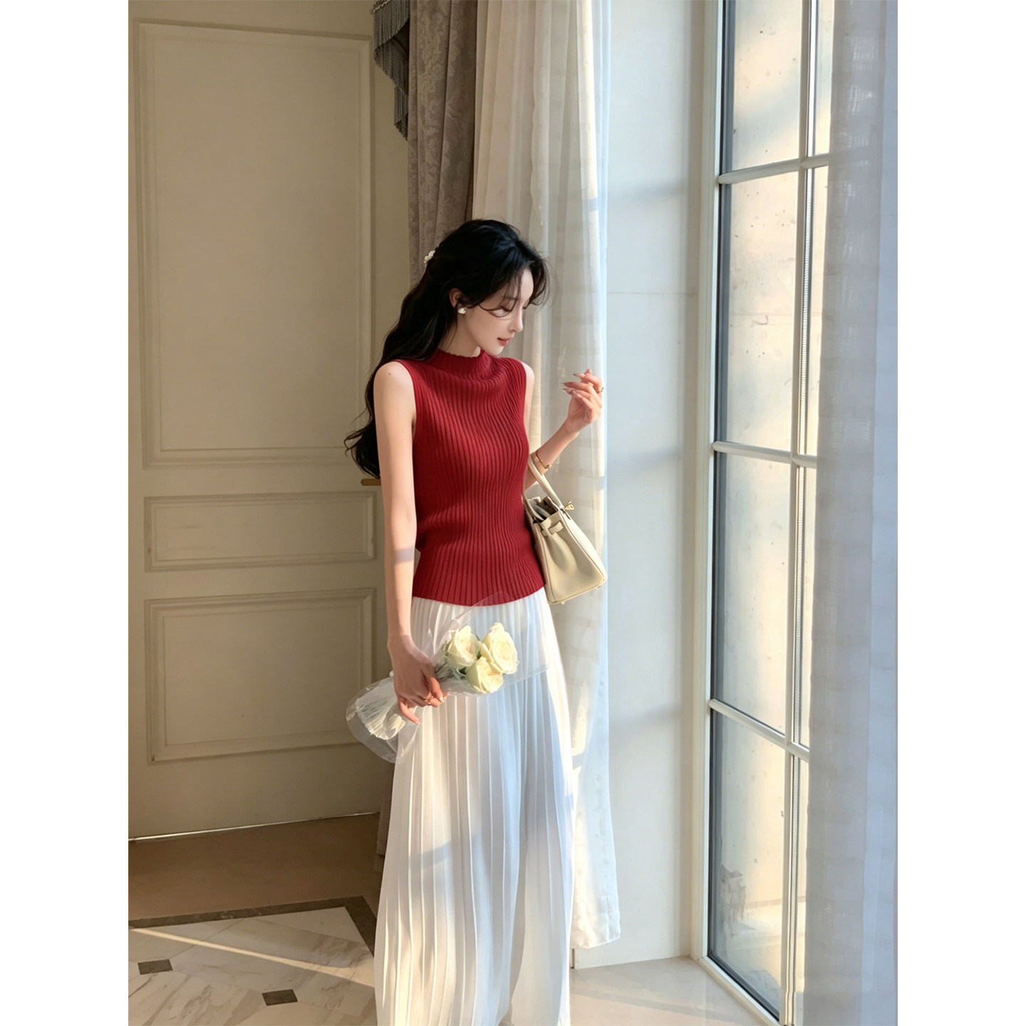 韩语琳 红色针织背心女夏季半高领无袖T恤修身显瘦坑条针织上衣