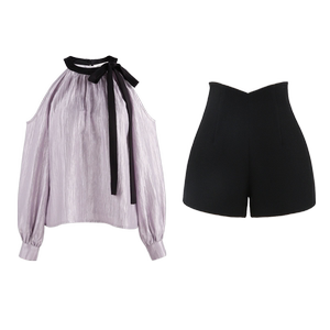 紫色挂脖衬衫女2024新款早秋轻奢高级感小衫短款长袖露肩上衣套装