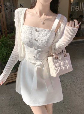 韩语琳/富家千金穿搭白色吊带连衣裙女2025收腰约会领证小白裙子