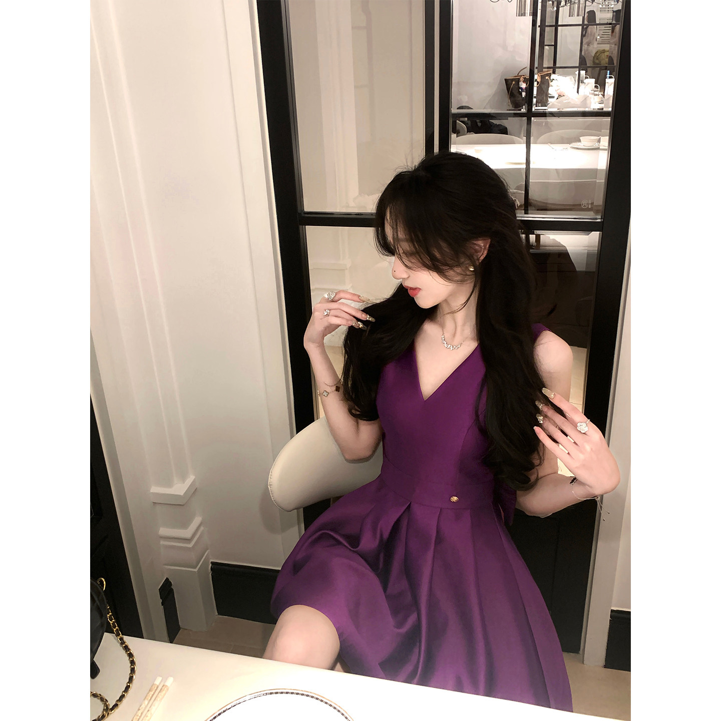 韩语琳 法式赫本风紫色连衣裙女夏高级感V领名媛气质小礼服生日裙