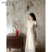 韩语琳 设计感温柔气质优雅长裙 新款 法式 复古V领连衣裙女2025春季