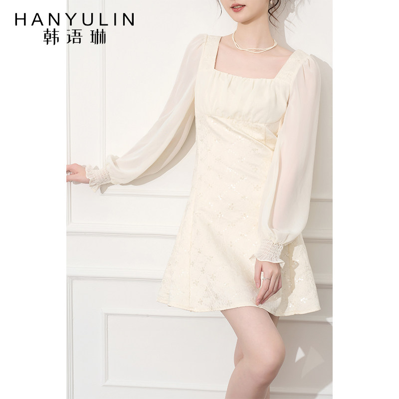 设计感小众收腰显瘦方领长袖裙子