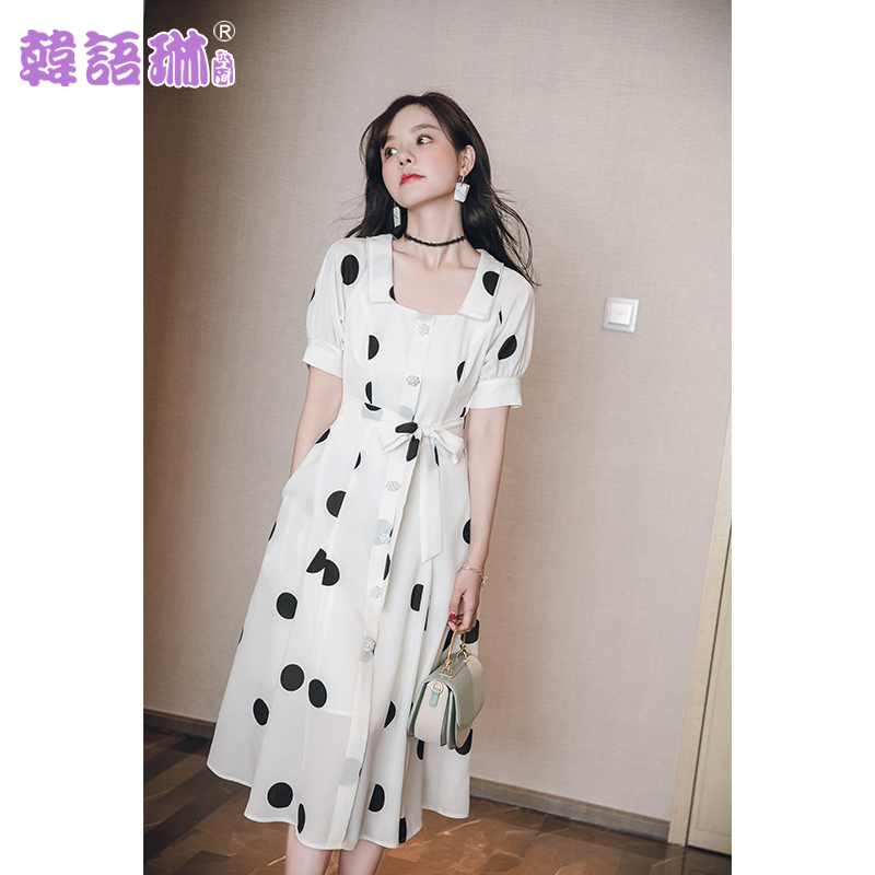 (用188元券)韩语琳2019新款夏季女装收腰显瘦气质中长款小香风波点雪纺连衣裙