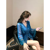 韩语琳 孔雀蓝蕾丝拼接雪纺衫 女2025春收腰系带纯欲气质名媛上衣