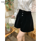 短裤 韩语琳 外穿2025新款 百搭高腰阔腿裤 黑色丝绒a字短裤 女春季
