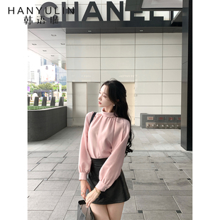 女2025冬冬泡泡袖 衬衫 宽松显瘦气质雪纺上衣 粉色立领长袖 韩语琳