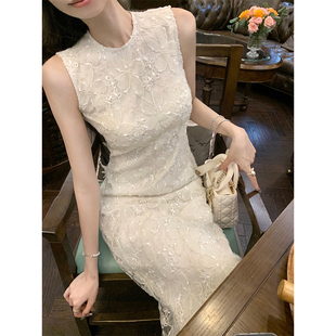 蕾丝连衣裙女重工钩花气质长裙2025 复古白色无袖 韩语琳 法式