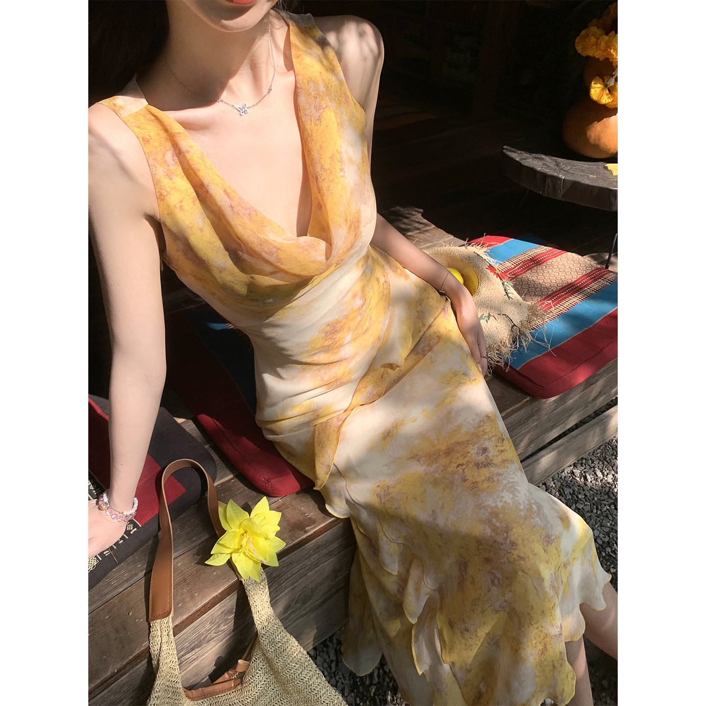 法式黄色晕染长裙女连衣裙