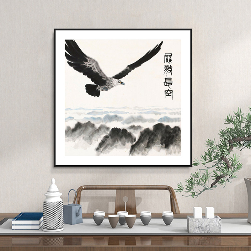 大鹏展翅挂画 鹏程万里书房茶室装饰画 水墨雄鹰壁画 玄关老鹰国