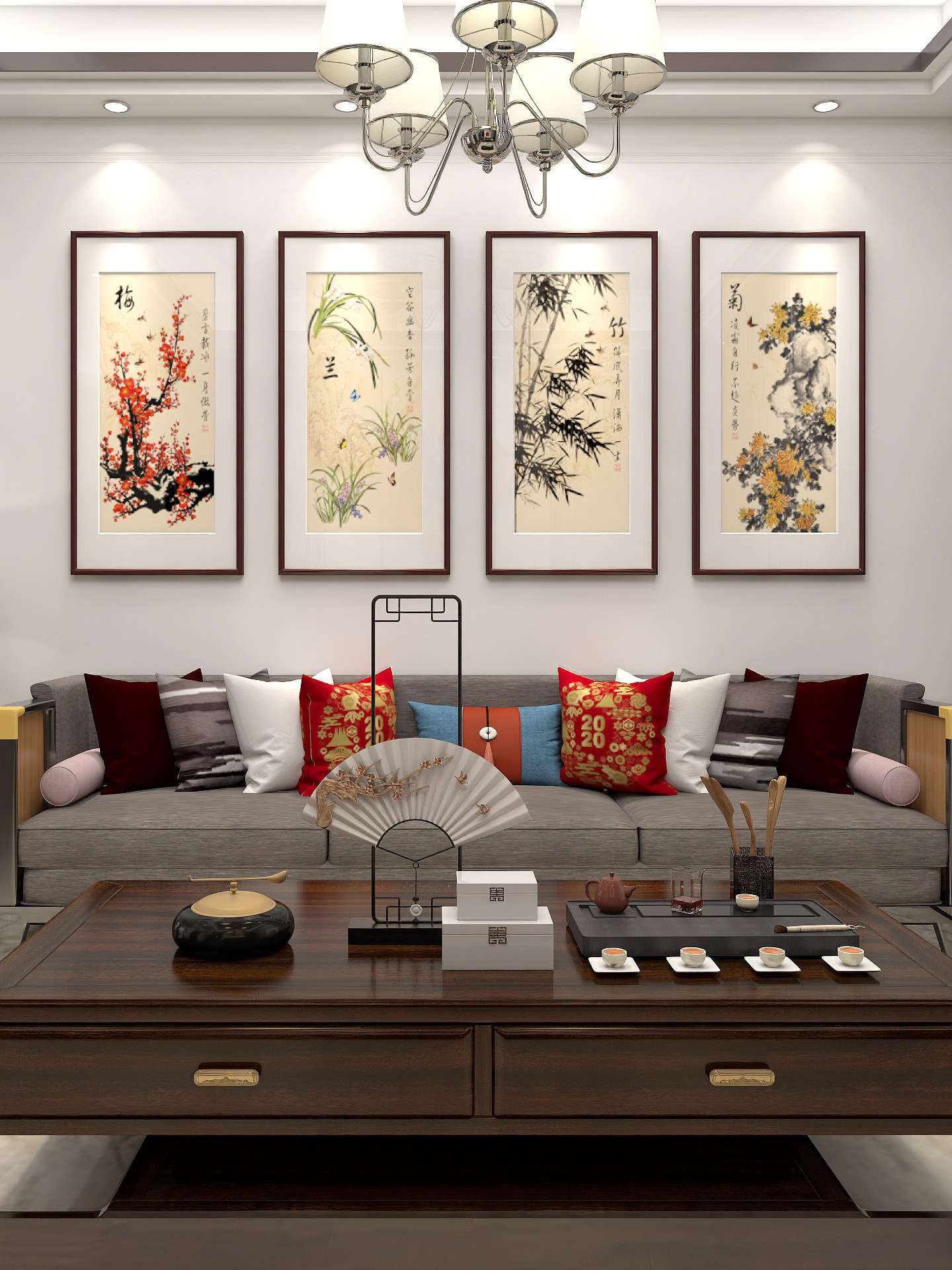 梅兰竹菊挂画客厅装饰画四条屏国画新中式壁画书房餐厅茶室墙画