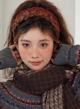 高级感秋冬发箍女高颅顶显脸小香风复古发捆撞色编织宽边压发头饰