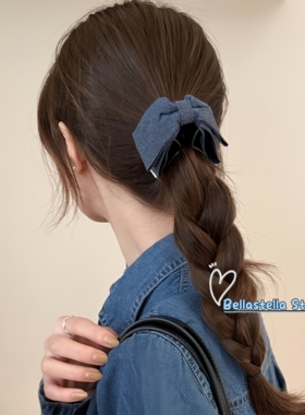 高级感牛仔布艺蝴蝶结抓夹2024新款鲨鱼夹后脑勺盘发马尾夹发饰女