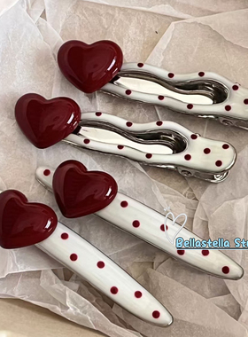 复古港风红色爱心波点发夹女2025新款小众鸭嘴夹甜美可爱少女发饰