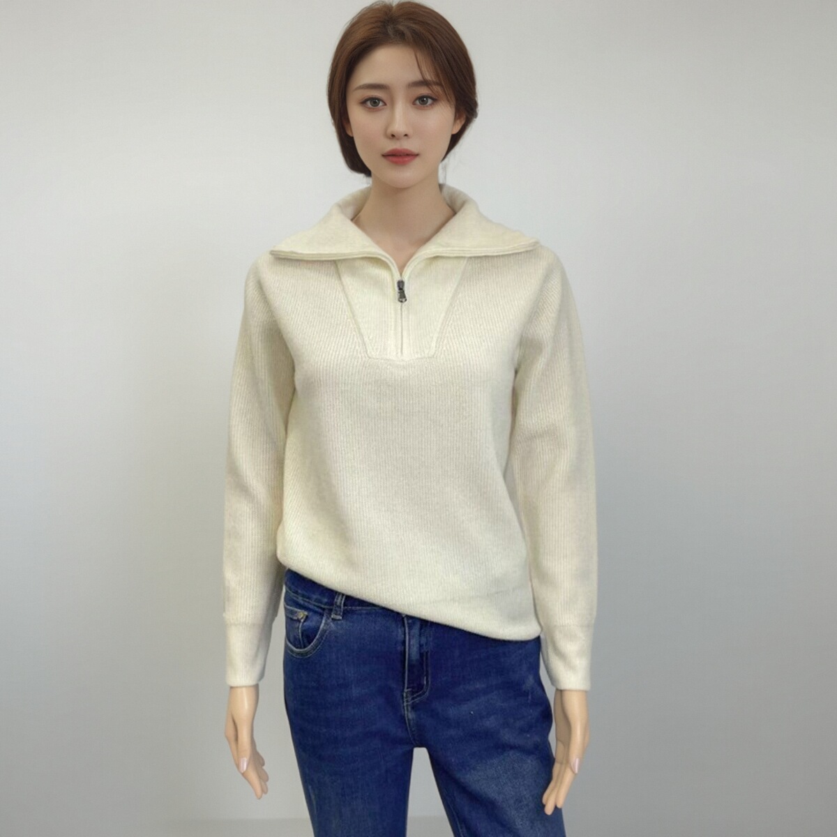 翻领拉链宽松版针织羊绒衫