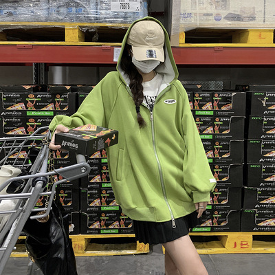 实拍草绿色连帽开衫卫衣2024春新款学院风宽松甜美龄拉链外套搭配