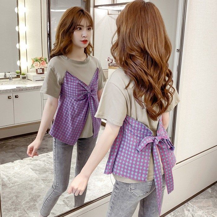 短袖t恤女ins潮2020夏装新款韩版修身蝴蝶结格子学生假两件套上衣在类目 女装/女士精品, T恤中 - 来自Buy2taobao.com提供专业的淘宝代购服务