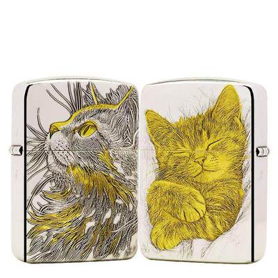 zippo正版防风煤油打火机 鹰皇1941军机镀银鎏金双面仰望睡猫