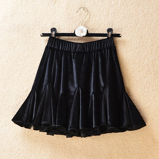 金丝绒A字裙拼接半身裙秋冬女百褶裙短裙新款伞裙蓬蓬裙高腰裙子