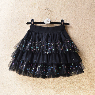 夏季 高腰显瘦百搭半身裙跳舞大摆蓬蓬裙多层亮片网纱蛋糕短裙女士