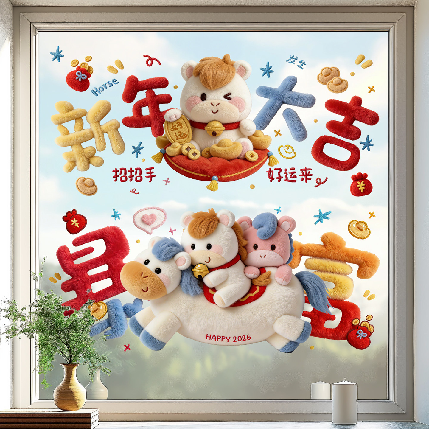 2026马年窗花静电玻璃贴春节过年创意毛绒装饰品商场橱窗布置用品,家居饰品,软装墙贴,淘宝优惠券,粉丝福利购,淘宝优惠卷