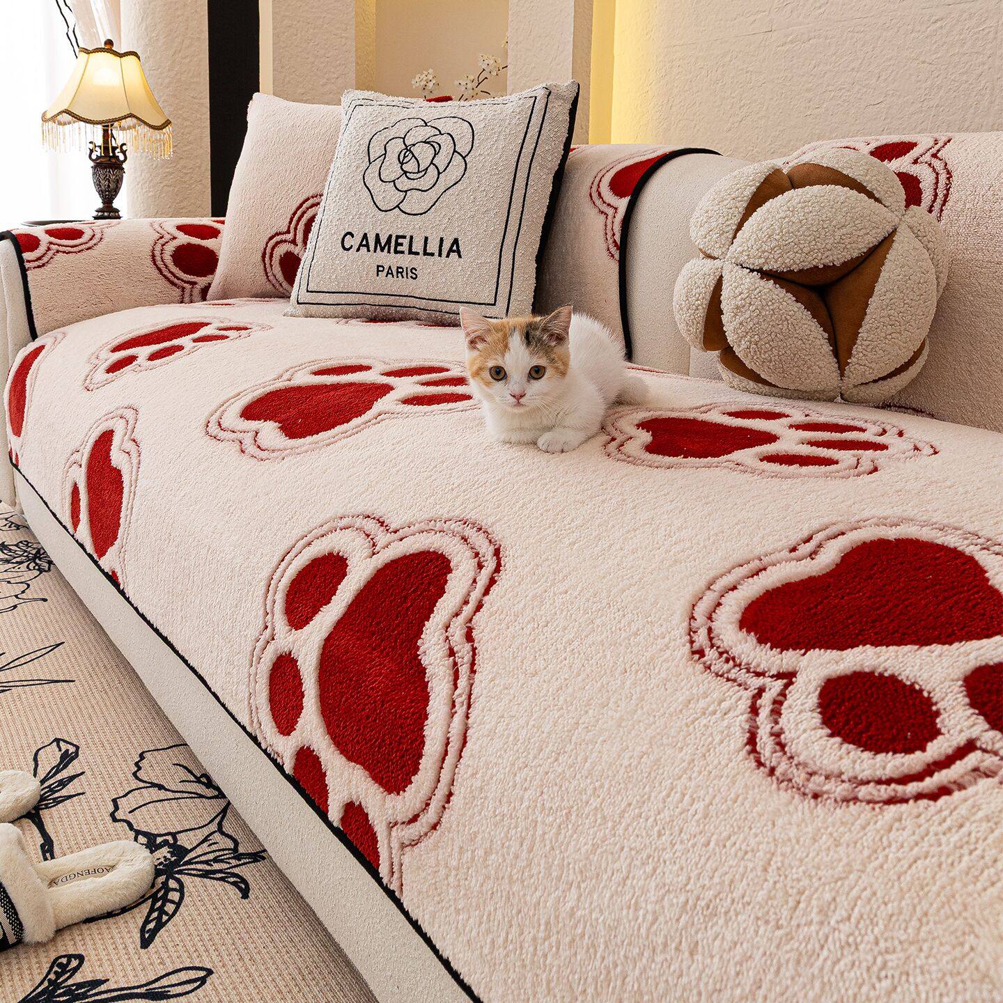 红色舒棉绒沙发垫冬季2025新款加厚毛绒坐垫子喜庆提花皮沙发盖布,居家布艺,沙发垫,淘宝优惠券,粉丝福利购,淘宝优惠卷