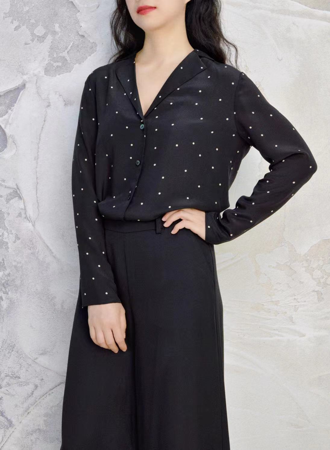 原创真丝双绉黑白波点西装衬衫