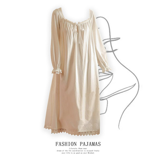 夏季睡裙女公主风纯棉法式长裙白色睡衣长袖大码宽松甜美家居服