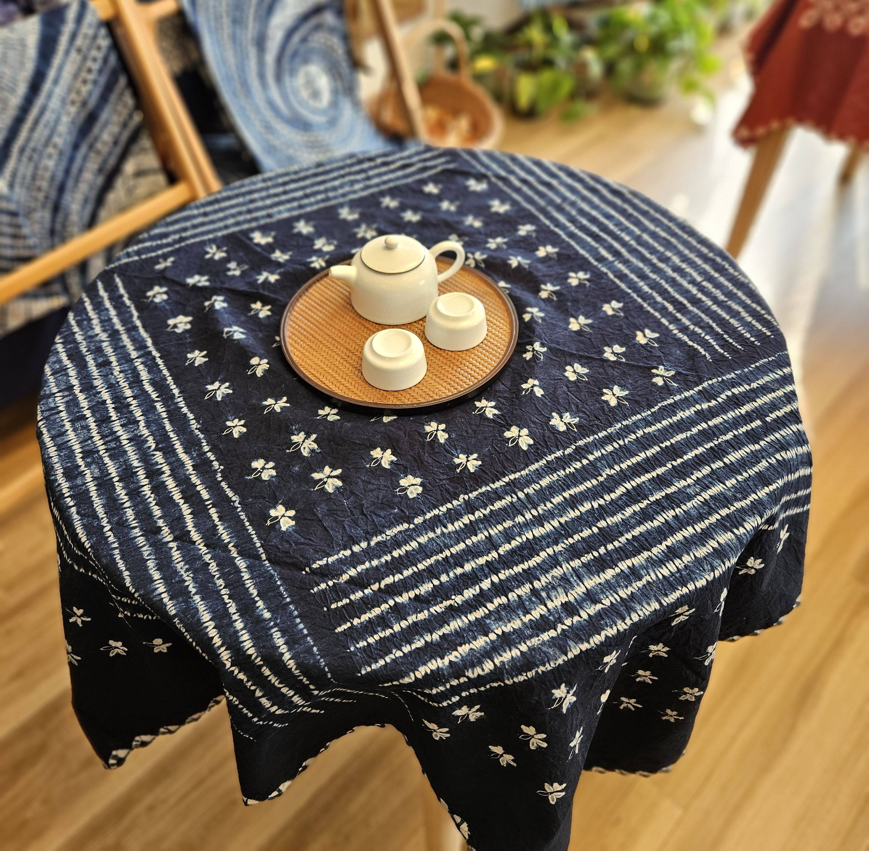 云南天然草木染扎染纯手工圆桌桌布面料民族风全棉台布110*110cm