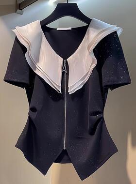 清仓捡漏~买手店专柜外贸女装韩系撞色娃娃领不规则收腰短袖T恤女