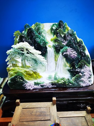 天然岫玉摆件意境山水纯手工雕刻高山流水家摆送人办公室摆放