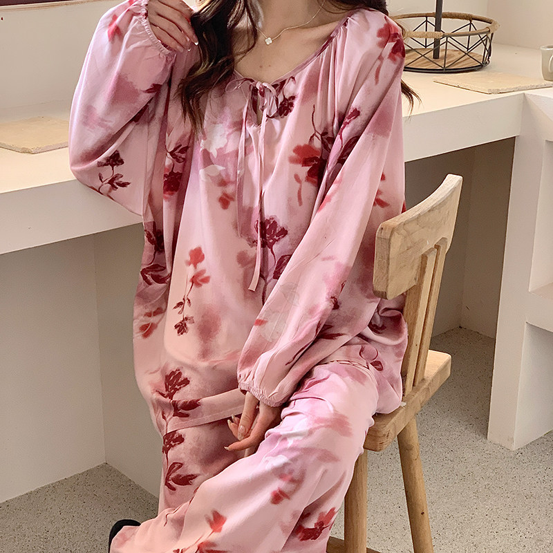 新款国风棉绸睡衣女春季人造棉家居服套装可外穿胖妹妹款两件套装