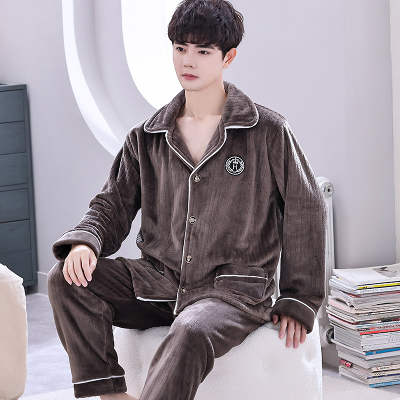 冬季珊瑚绒睡衣男加厚加绒秋冬大睡衣/家居服套装