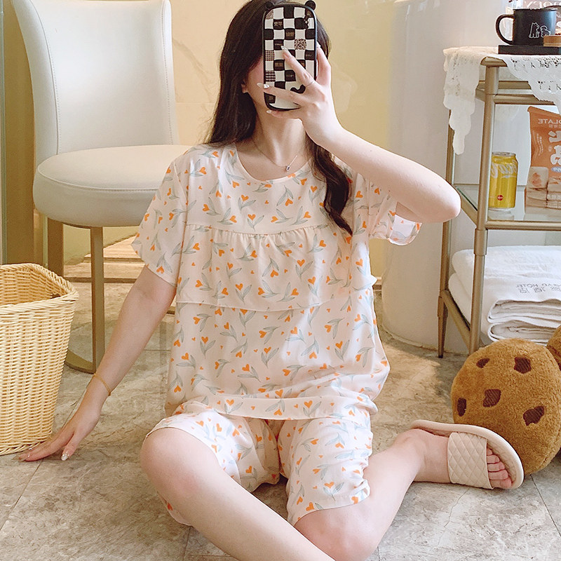 碎花绵绸睡衣套头套装2024年新款夏天女人造棉绸短袖防凸点家居服