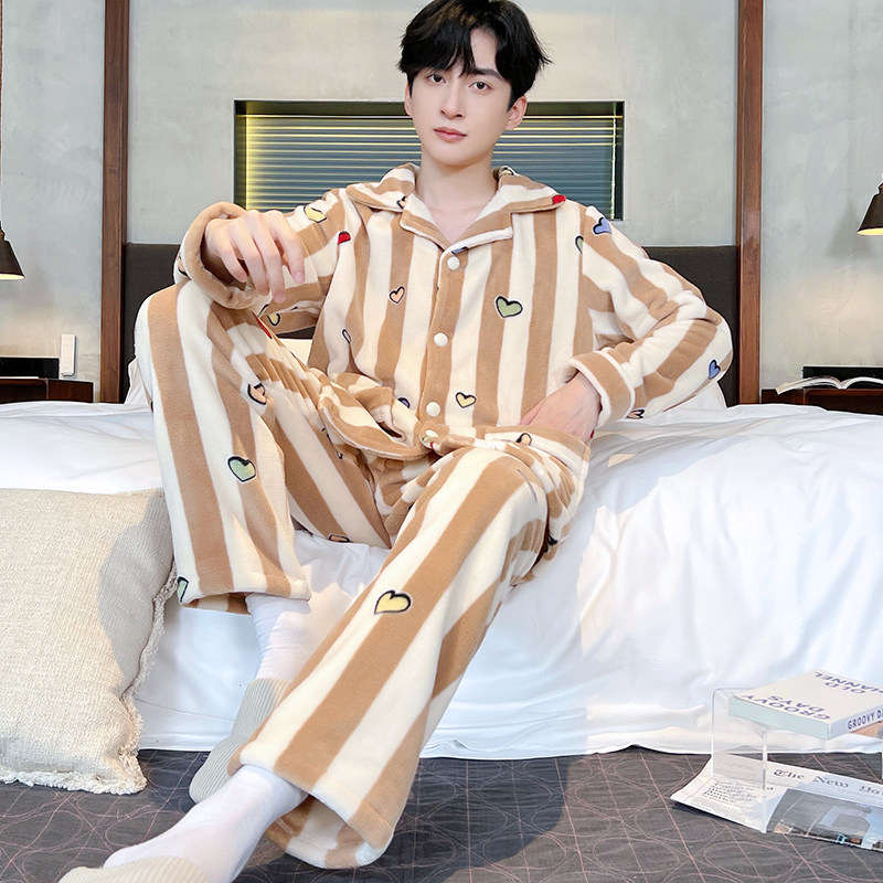 条纹睡衣男秋冬款冬季法兰绒大码睡衣/家居服套装