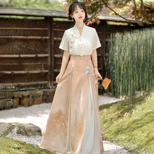 素改良日常新中式 秋意晚女士夏季 漢服交領(lǐng)短袖 三澗裙?jié)h元 國(guó)風(fēng)穿搭