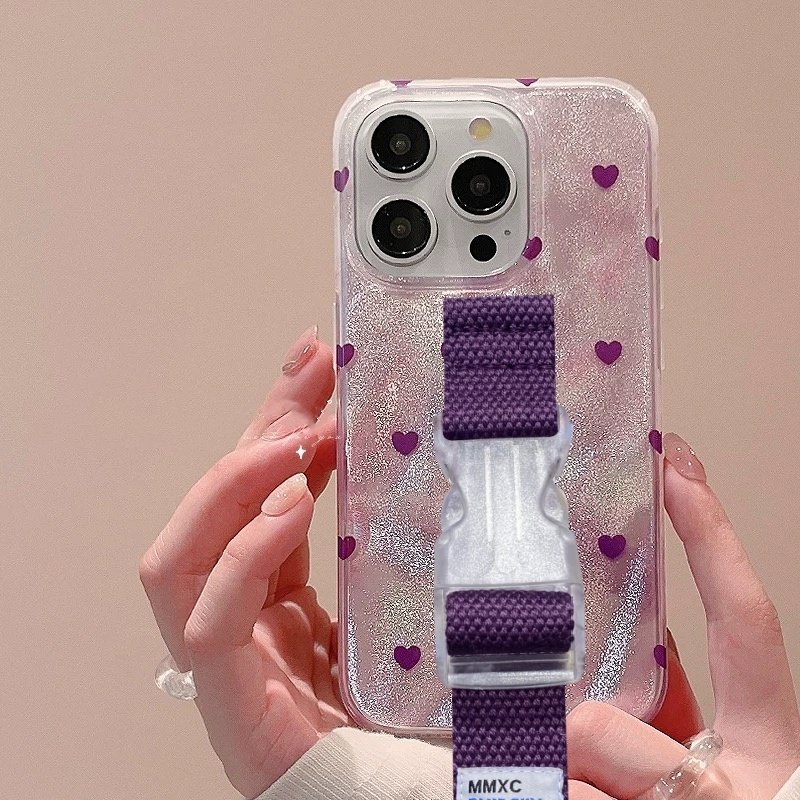 高级感酒红爱心腕带适用苹果17 Pro Max手机壳16 15原创创意支架13 14小众晕染紫色少女粉色缝线腕带