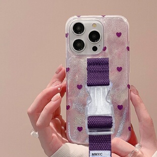 高级感酒红爱心腕带适用苹果17 Pro Max手机壳16 15原创创意支架13 14小众晕染紫色少女粉色缝线腕带